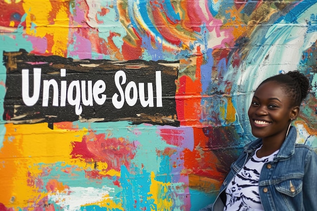 A girl stands beside a banner that reads quotunique soulquot