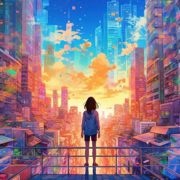 A girl stands on a bridge looking at a cityscape.