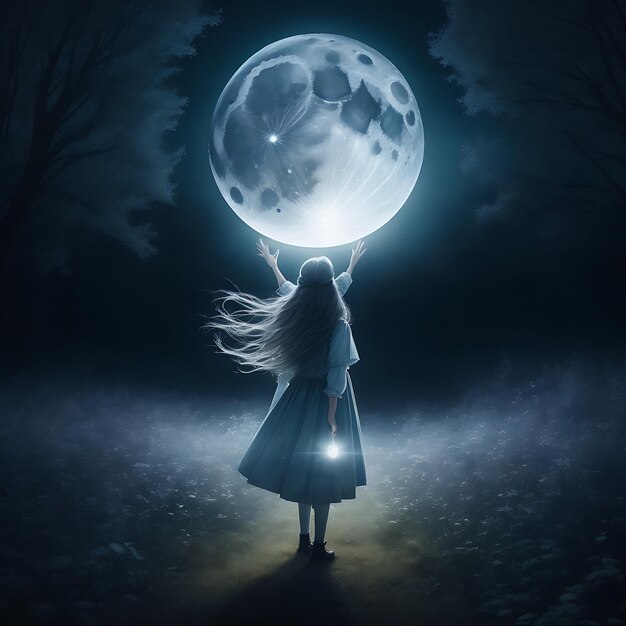 Photo girl stands in a clearing enveloped in a mystical mist bathed in moonlight ai generated