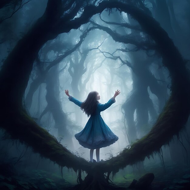 Girl Stands in a Clearing Enveloped in a Mystical Mist Bathed in Moonlight ai generated