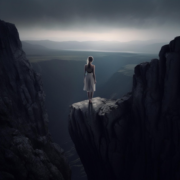 Девушка стоит на скале высоко в горах