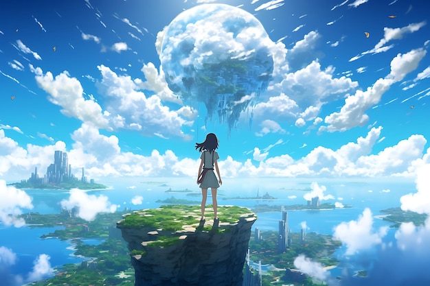 a girl stands on a cliff looking at a castle in the sky