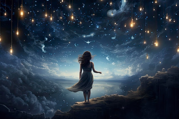 A girl stands on a cliff with the stars in the sky.