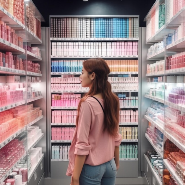 girl stands in cosmetics store between the shelves