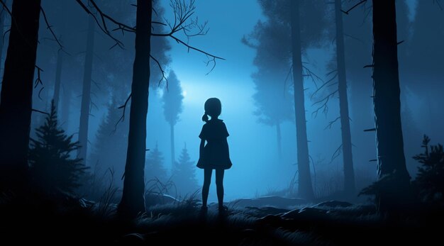 A girl stands in a dark forest with a blue background.