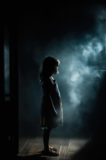 A girl stands in a dark room with a light coming out of her face.