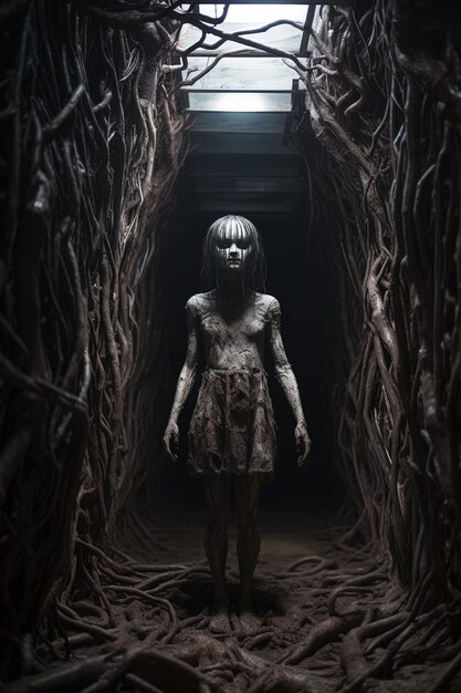 a girl stands in a dark tunnel with roots growing out of it.