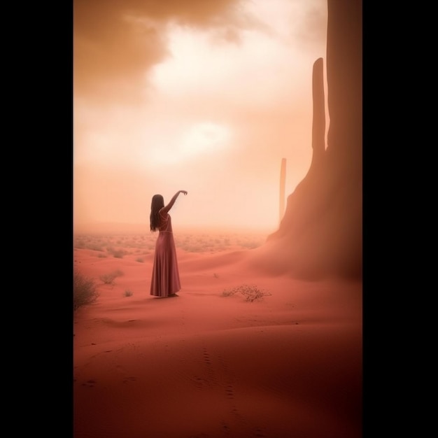 a girl stands in the desert with a red background.