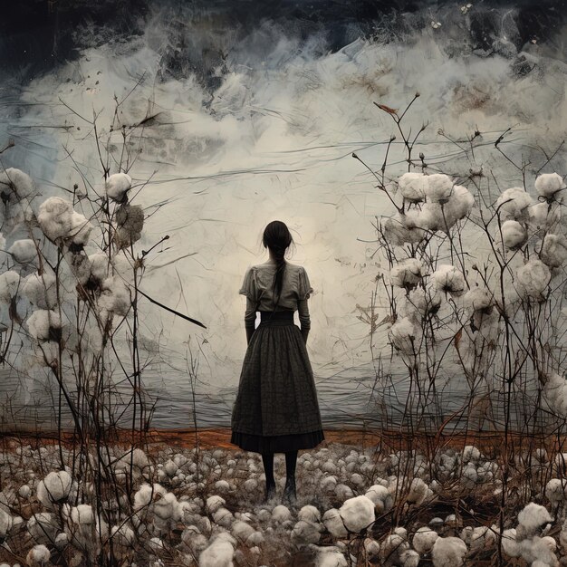 a girl stands in a field of cotton with a sky behind her