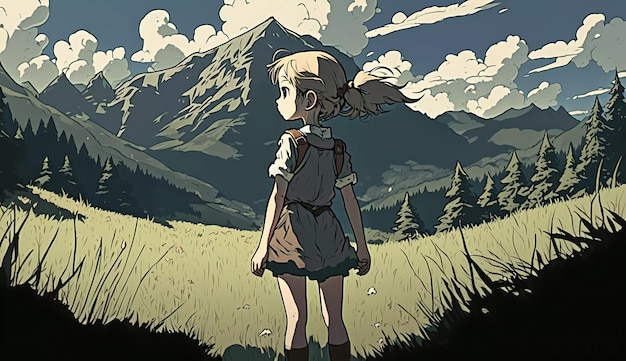 A girl stands in a field looking at a mountain