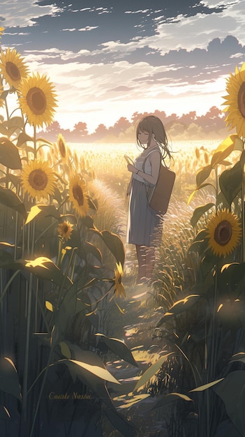 A girl stands in a field of sunflowers.