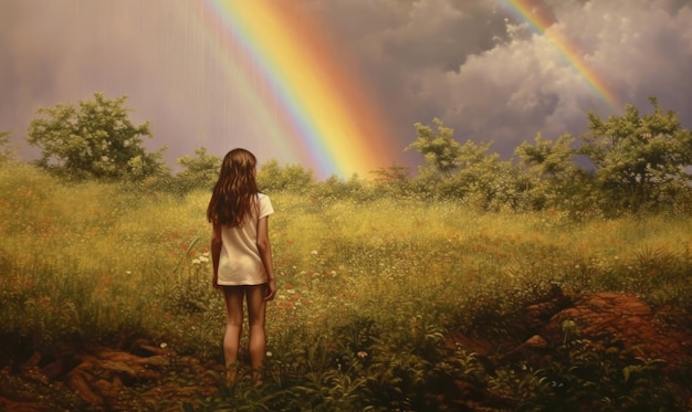 A girl stands in a field with a rainbow in the background.