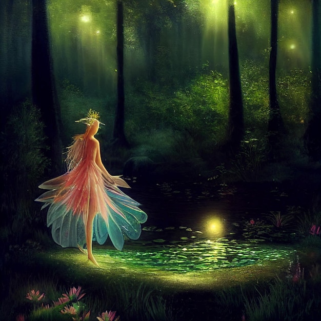 한 소녀가 빛을 배경으로 숲 속에 서 있습니다.