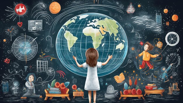 A girl stands in front of a blackboard with a globe in front of her.