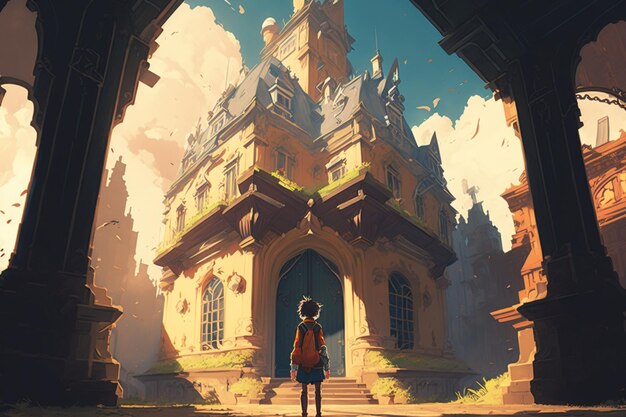 A girl stands in front of a castle that says'the castle'on it