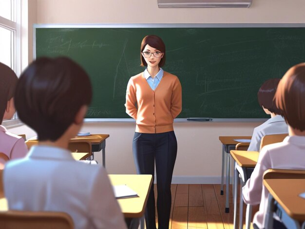 a girl stands in front of a chalkboard with the word teacher on it