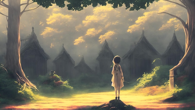 A girl stands in front of a cloudy sky