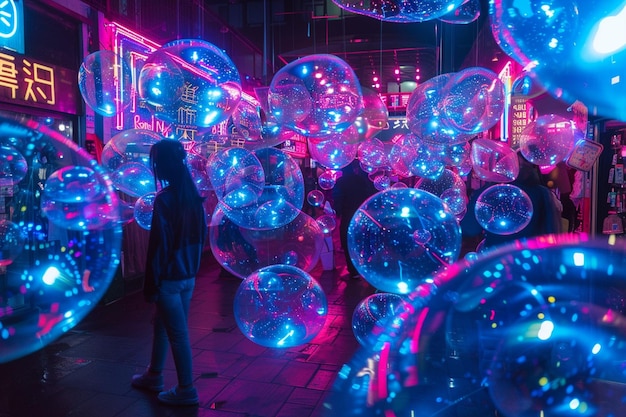 a girl stands in front of a colorful bubble with the words  disco  on it