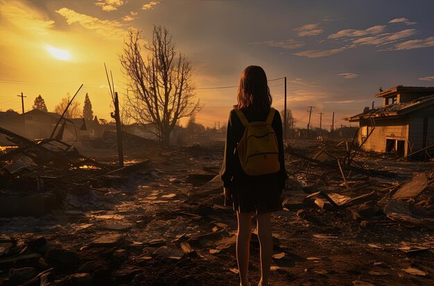 Girl stands in front of debris in the style of frequent use of yellow