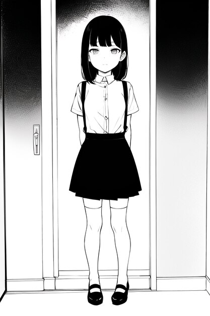 A girl stands in front of a door.