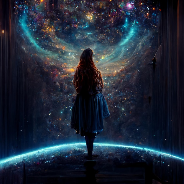 A girl stands in front of a galaxy wallpaper