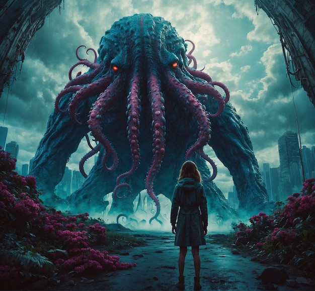 a girl stands in front of a giant octopus