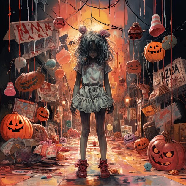 Photo a girl stands in front of a halloween sign that says  go to the right