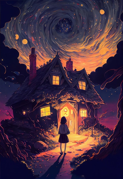 A girl stands in front of a house with the moon in the background.