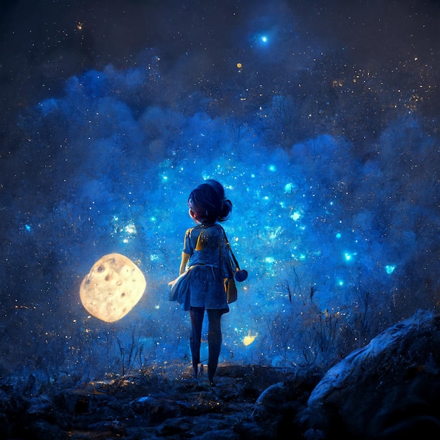 A girl stands in front of a moon and the moon