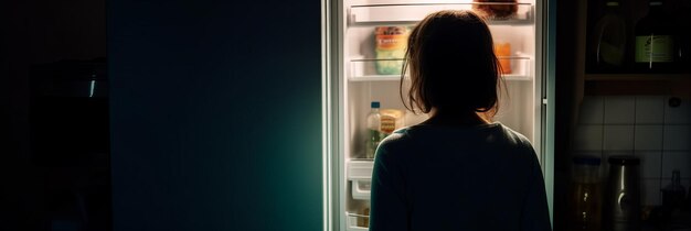 The girl stands in front of the open door of the refrigerator Generative AI