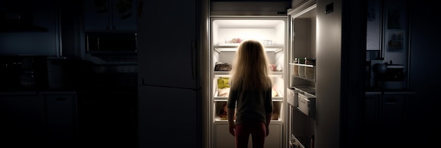 The girl stands in front of the open door of the refrigerator Generative AI