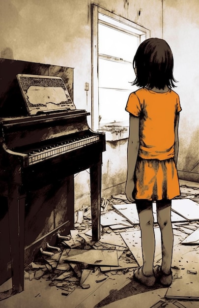 A girl stands in front of a piano with the word piano on the cover.