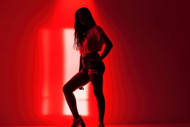 Photo a girl stands in front of a red light that says'i'm a girl '