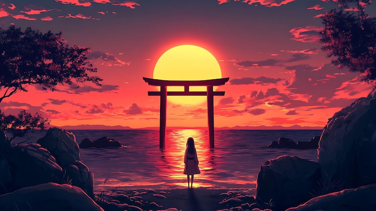 Photo a girl stands in front of the torii gate at sunset