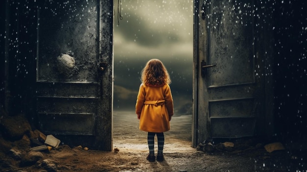 A girl stands in front of two doors that say'the door '