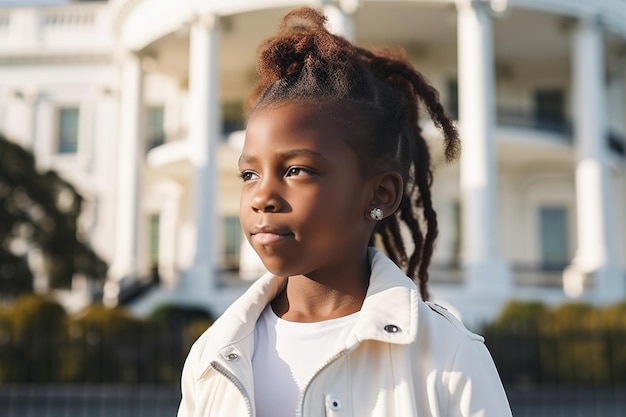 A girl stands in front of a white house with the white house behind her.