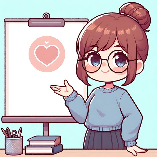 Photo a girl stands in front of a whiteboard with a heart drawn on it