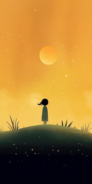 A girl stands on a hill looking at the moon.