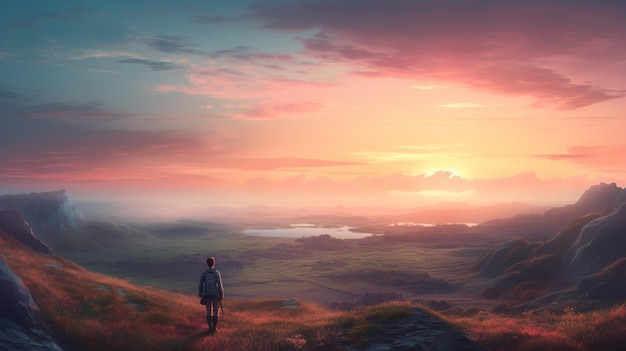 A girl stands on a hill looking at the sunset