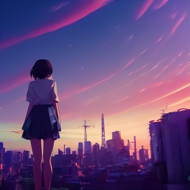 A girl stands on a ledge looking at a cityscape.