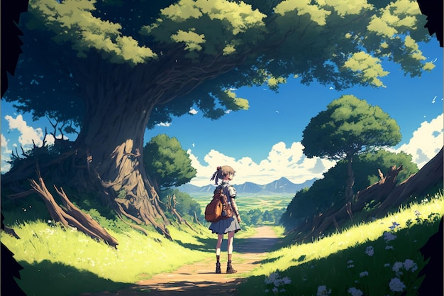 A girl stands on a path in a forest with a large tree on the left.