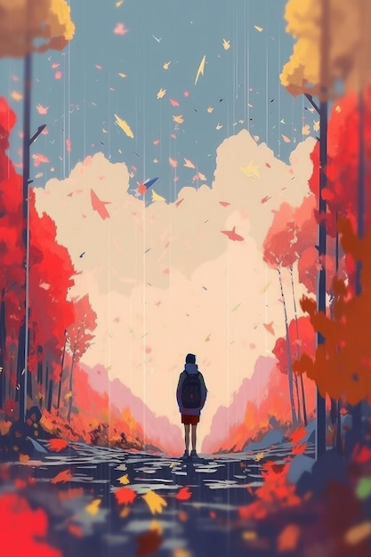 A girl stands on a path in the woods looking at the sky.