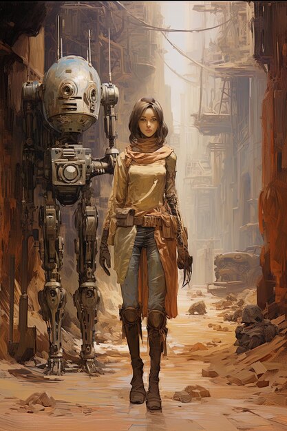 a girl stands next to a robot that has a face on it