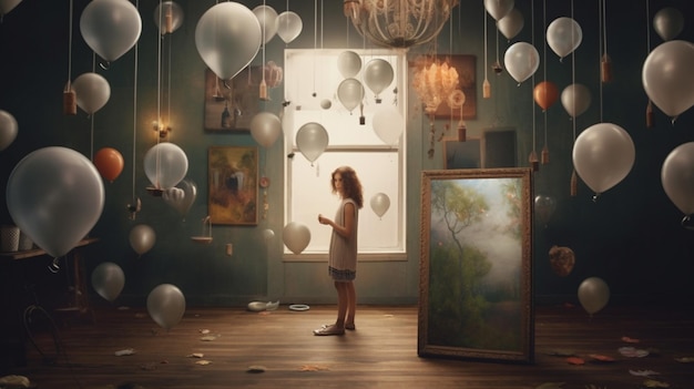 A girl stands in a room with balloons floating around.