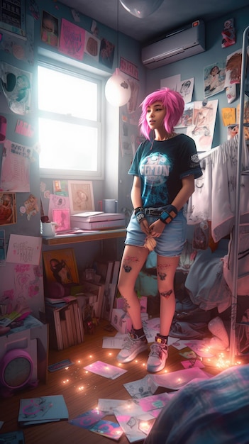 A girl stands in a room with a poster that says'i'm a girl '