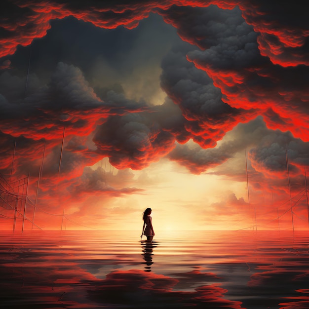 한 소녀가 배경에 구름이 있는 물속에 서 있다.