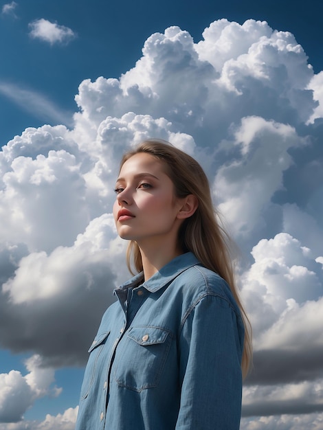 A girl stands with clouds around her