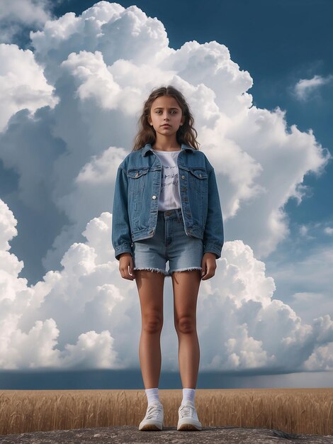 A girl stands with clouds around her