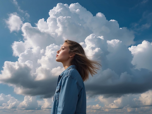 A girl stands with clouds around her