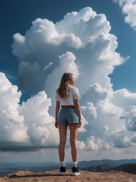 한 소녀가 구름에 둘러싸여 서 있습니다.